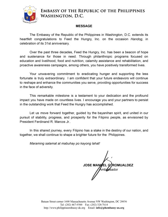 A Message from Ambassador Jose Manuel Romualdez at the Handog 31st Anniversary Souvenir&nbsp;Program