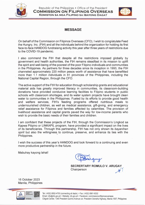 A Message from Sec. Romulo Arugay of Commission on Filipino Overseas at Handog 31st&nbsp;Anniversary