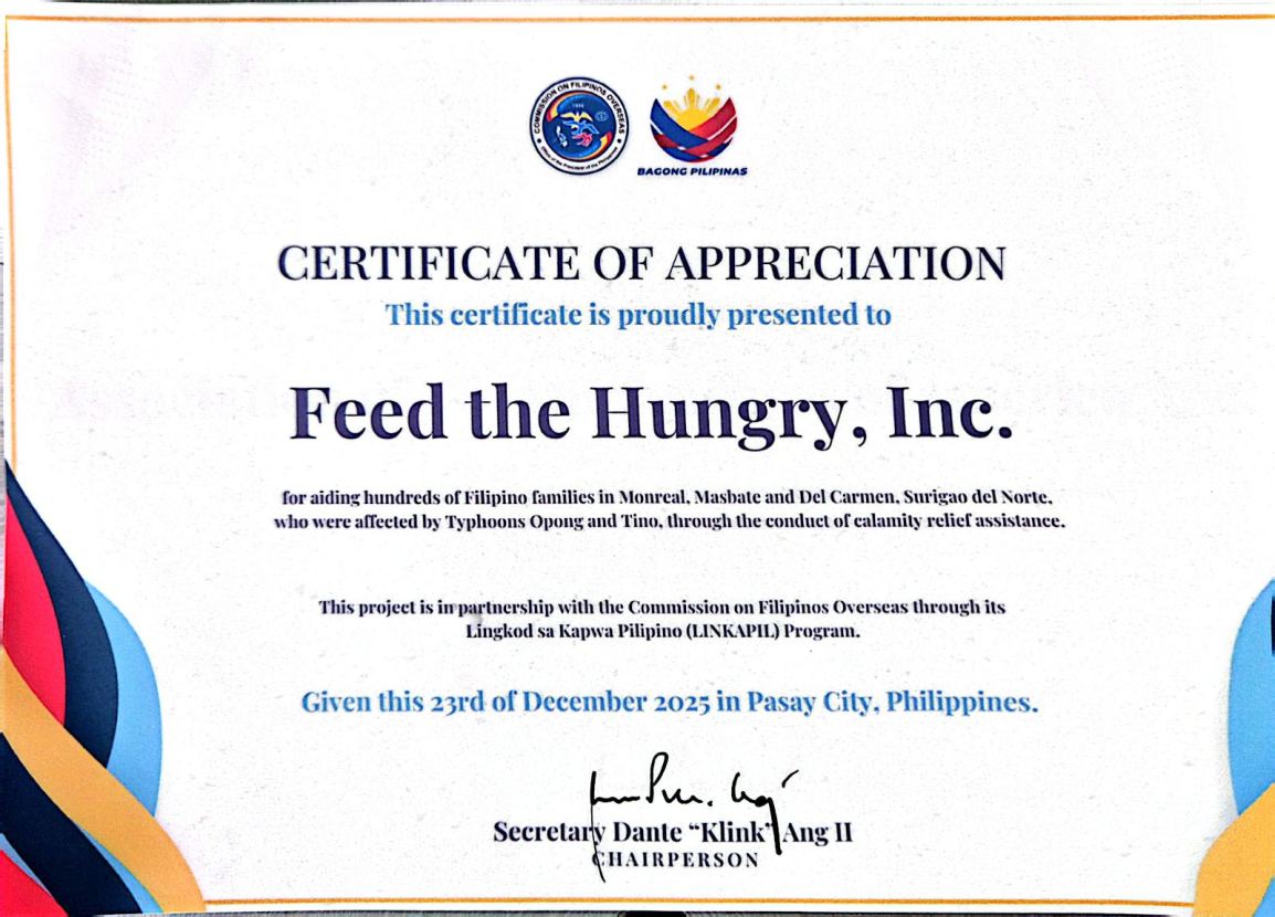 Certificate of Appreciation from the Commission on Filipinos&nbsp;Overseas
